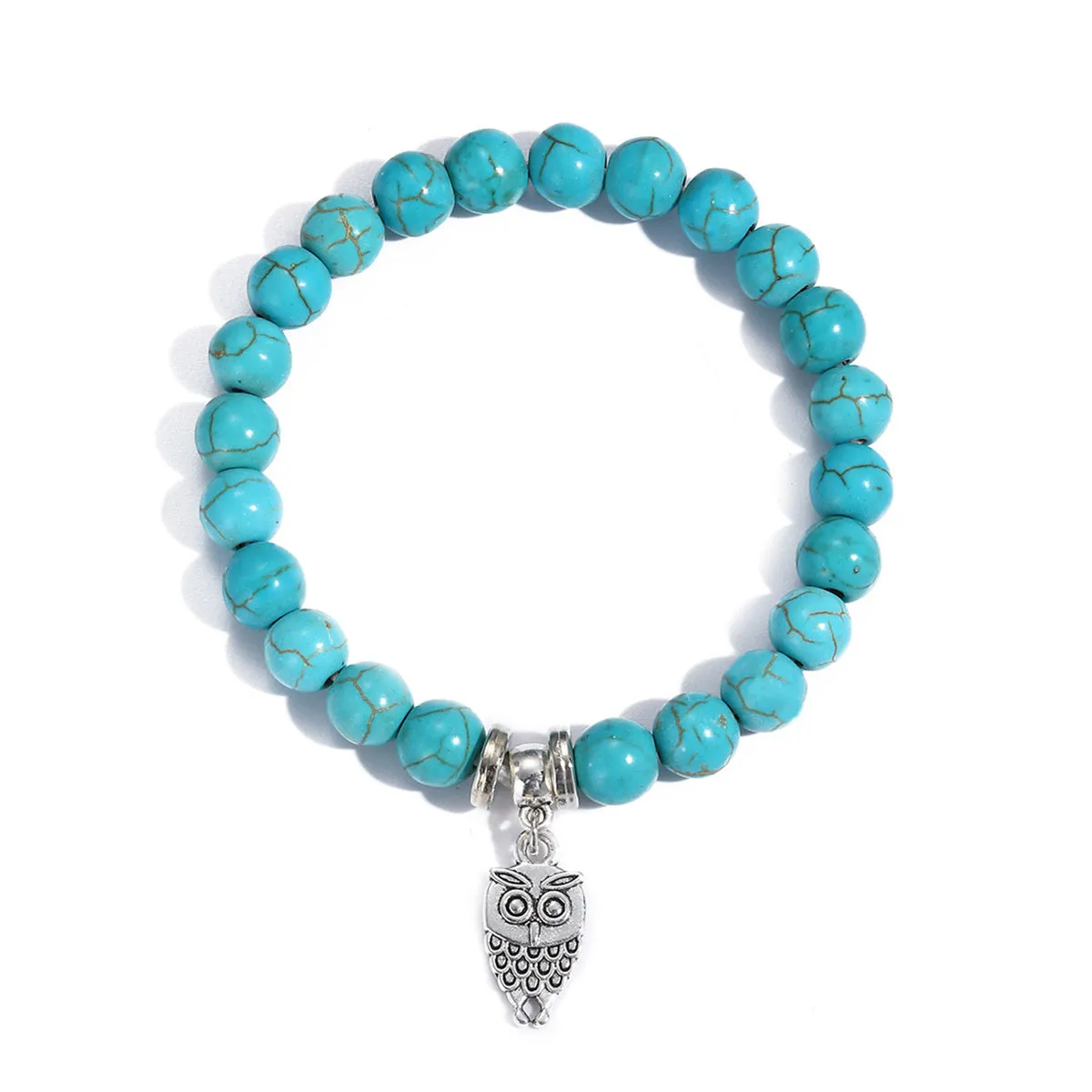 Turquoise & Silver-Plated Owl Charm Stretch Bracelet