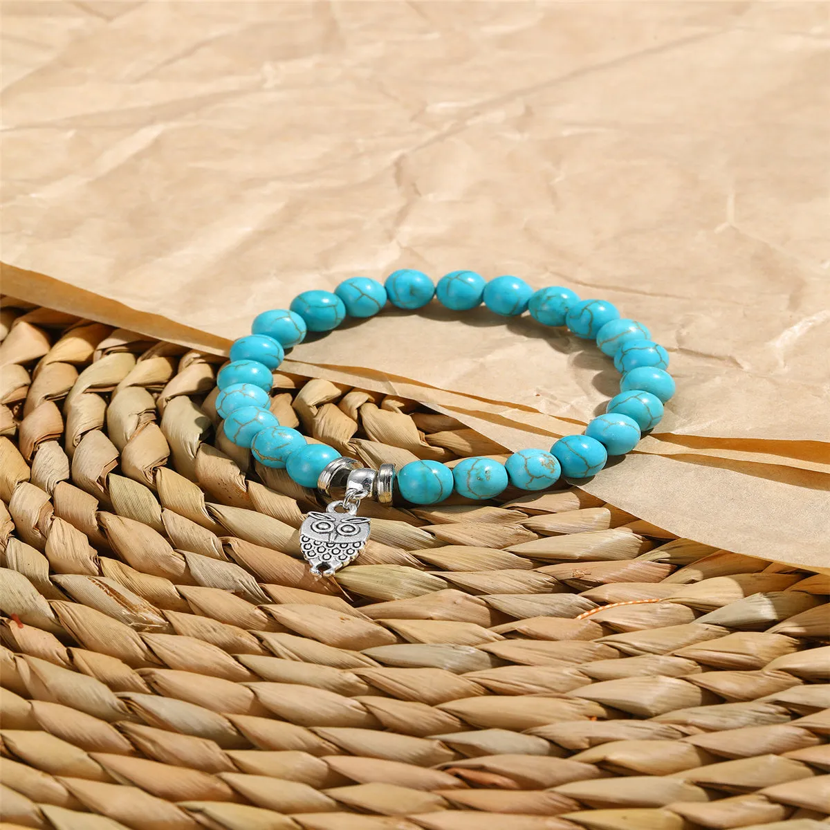 Turquoise & Silver-Plated Owl Charm Stretch Bracelet