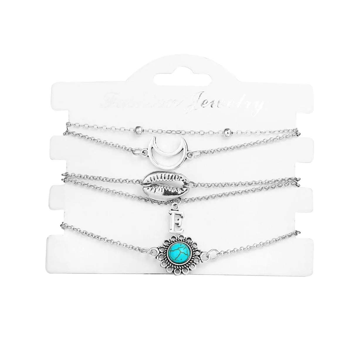 Turquoise & Silver-Plated Shell & Moon Bracelet Set