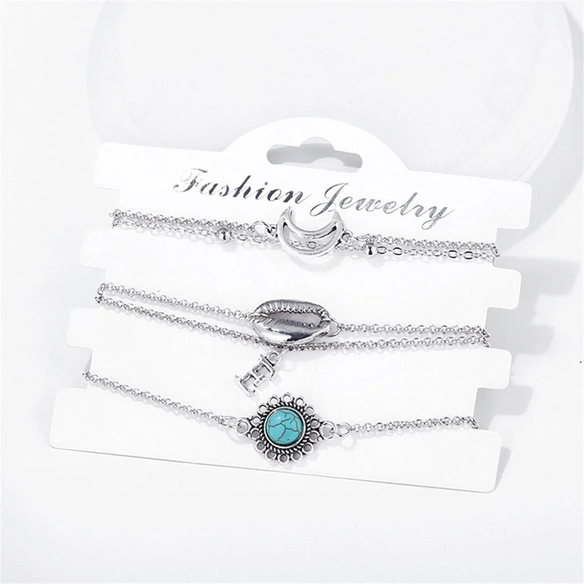 Turquoise & Silver-Plated Shell & Moon Bracelet Set