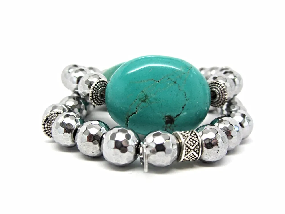 Turquoise Stone on Silver Hematite Bracelet