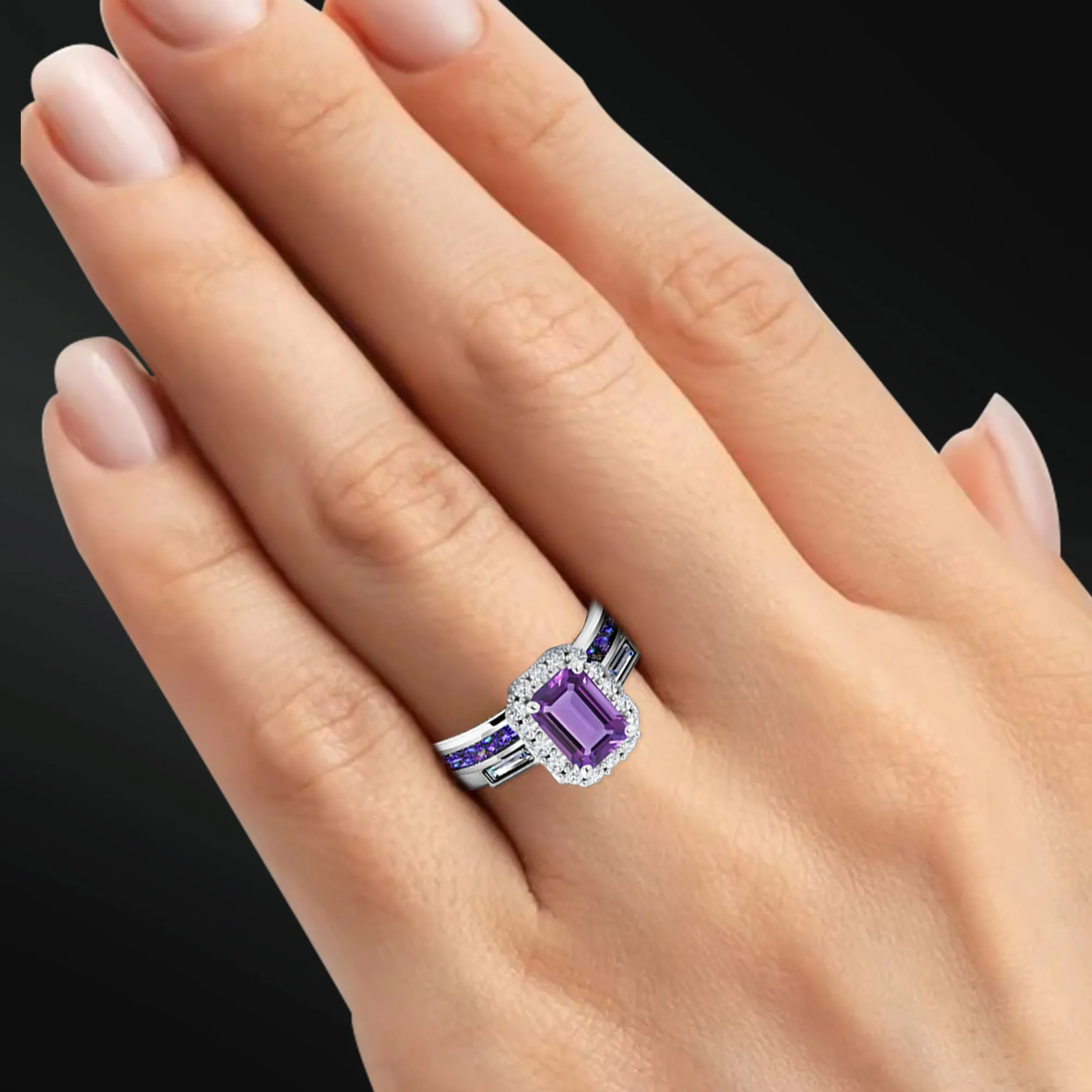 Twin Flames Set - 3PCS His & Her Wedding Ring Set | Natural Amethyst Engagement Ring With Natural Diamonds | Muonionalusta Meteorite and Opal Wedding Bands