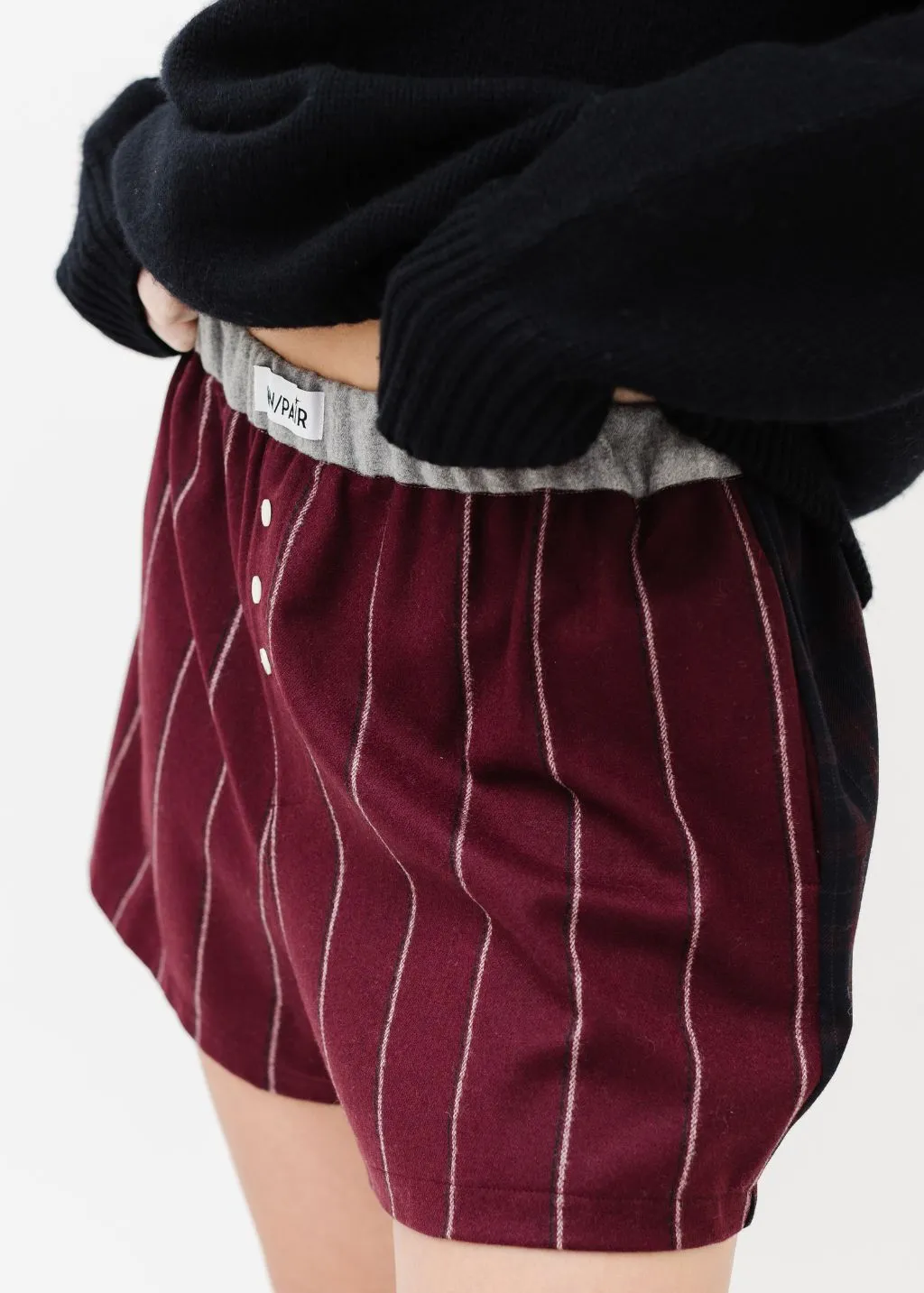UN/PAIR Boxerina Shorts in Burgundy/Grey Pinstripe