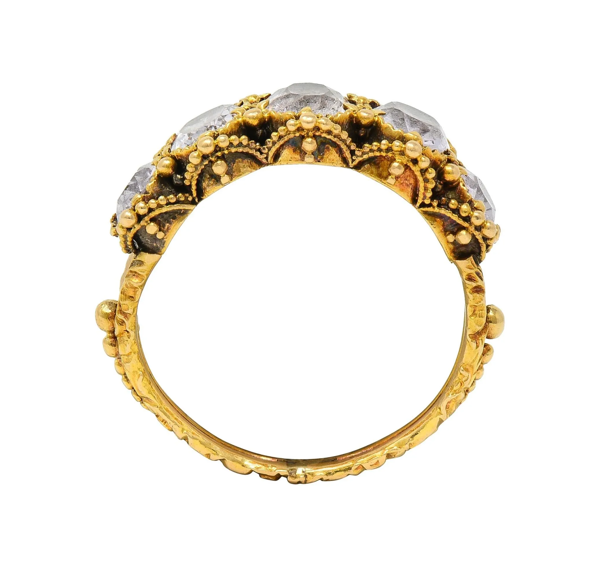Victorian Etruscan Revival 1.90 CTW White Topaz 18 Karat Yellow Gold Antique Five Stone Band Ring