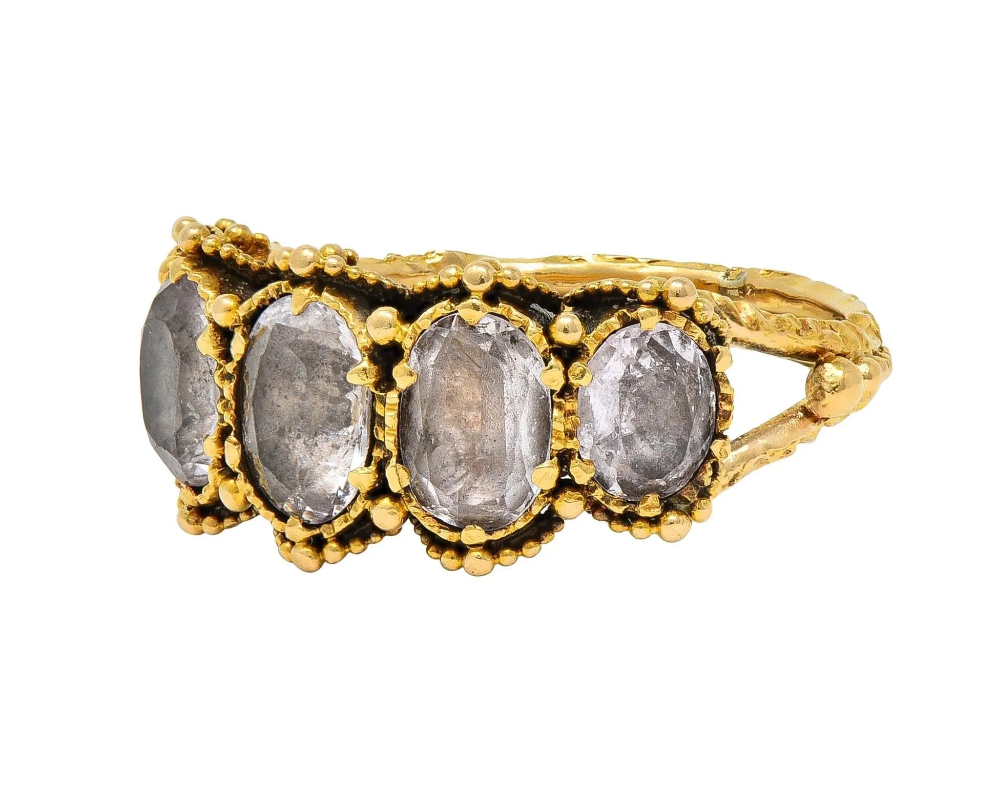 Victorian Etruscan Revival 1.90 CTW White Topaz 18 Karat Yellow Gold Antique Five Stone Band Ring