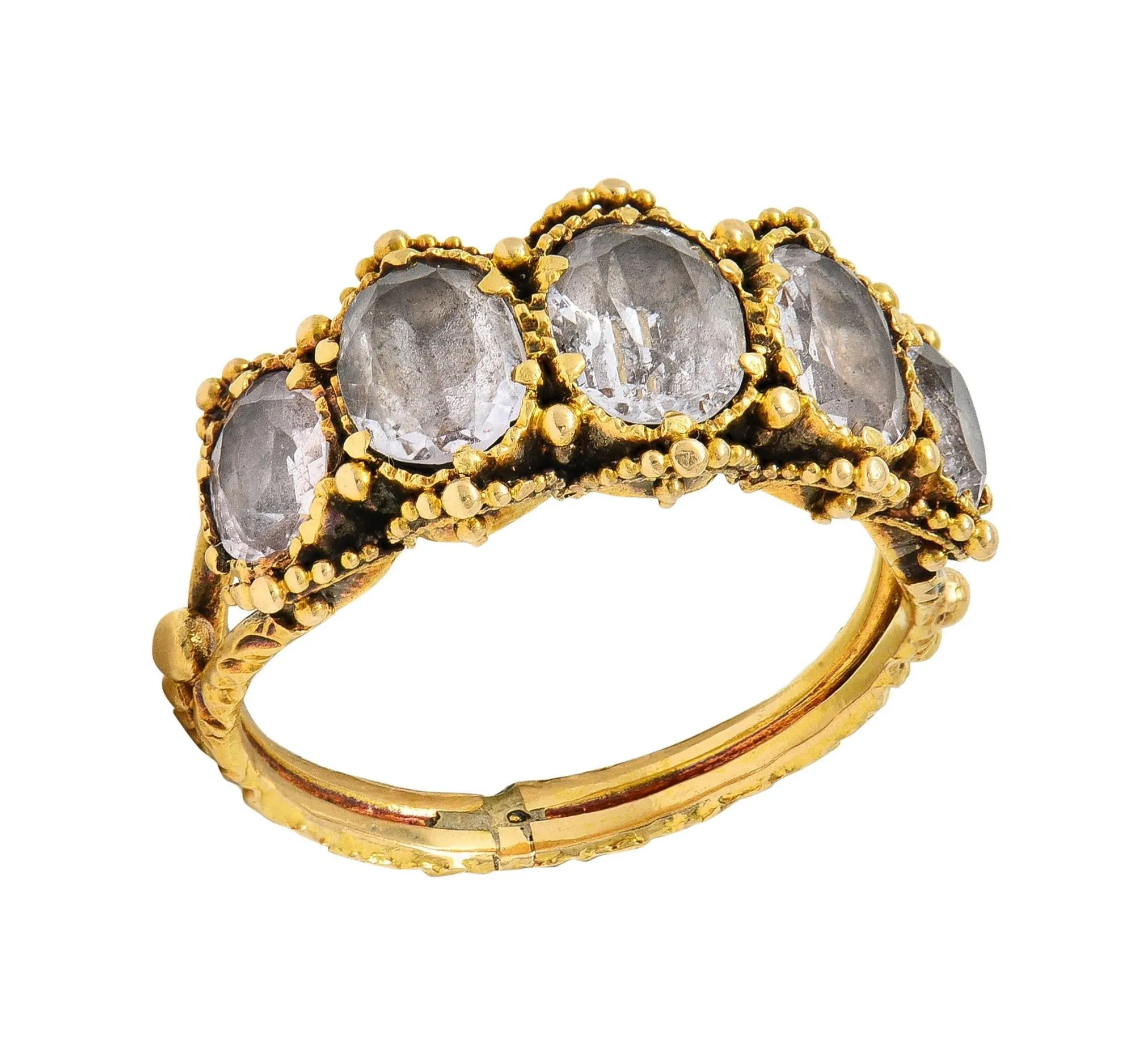Victorian Etruscan Revival 1.90 CTW White Topaz 18 Karat Yellow Gold Antique Five Stone Band Ring