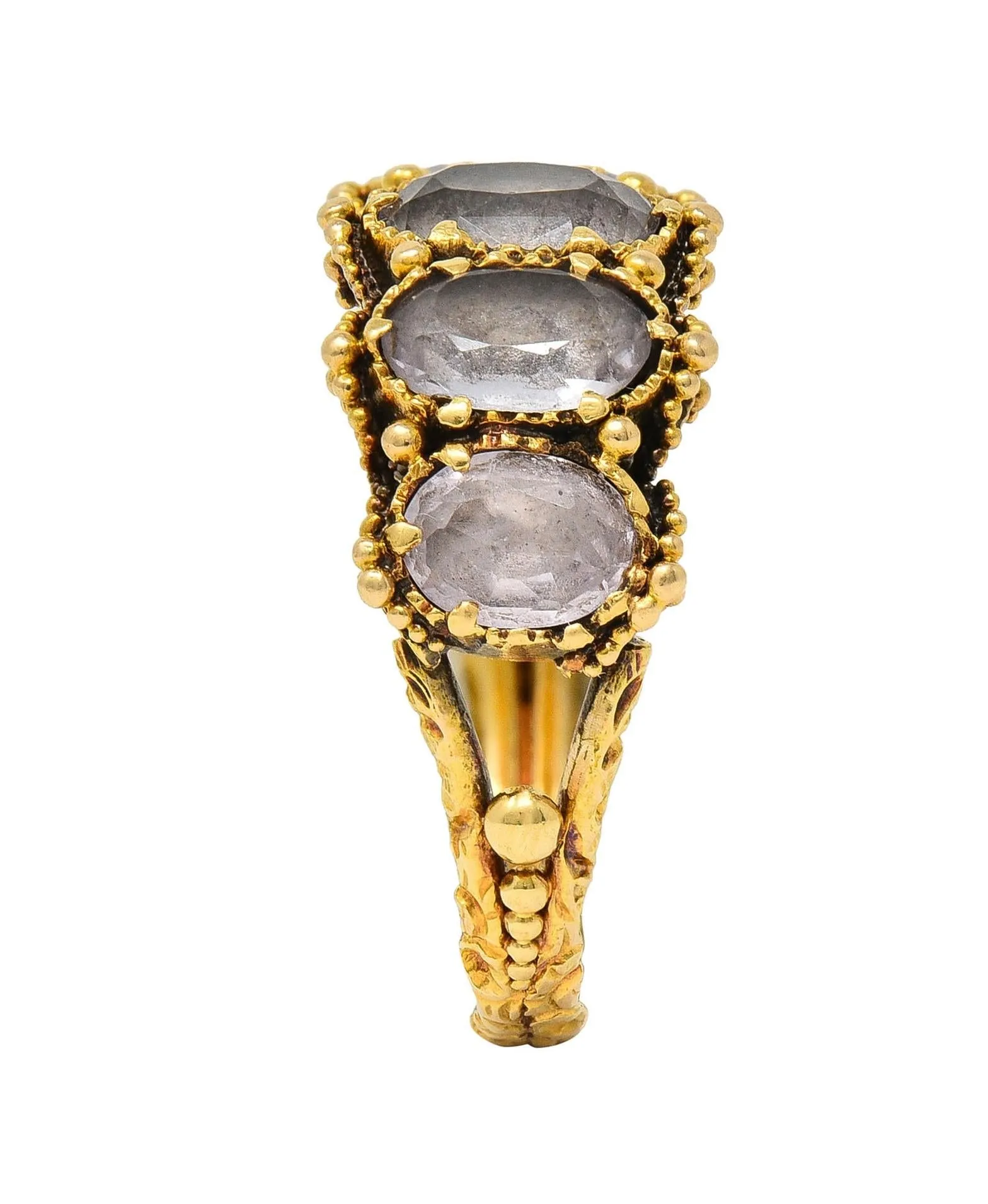 Victorian Etruscan Revival 1.90 CTW White Topaz 18 Karat Yellow Gold Antique Five Stone Band Ring