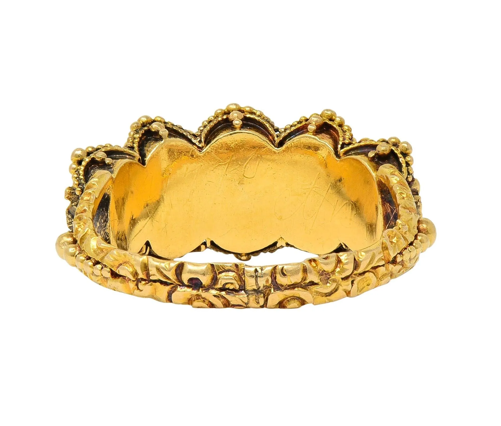 Victorian Etruscan Revival 1.90 CTW White Topaz 18 Karat Yellow Gold Antique Five Stone Band Ring