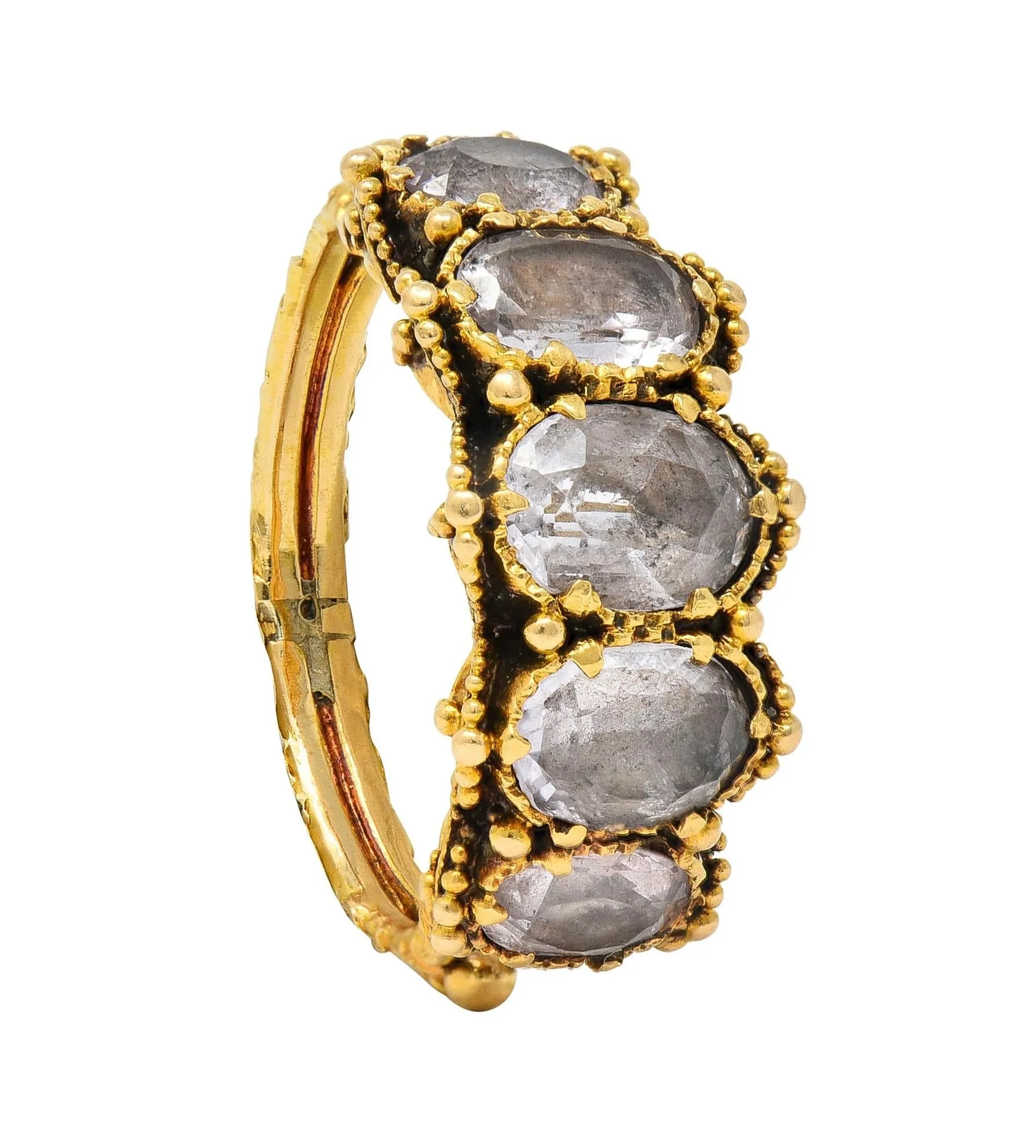 Victorian Etruscan Revival 1.90 CTW White Topaz 18 Karat Yellow Gold Antique Five Stone Band Ring