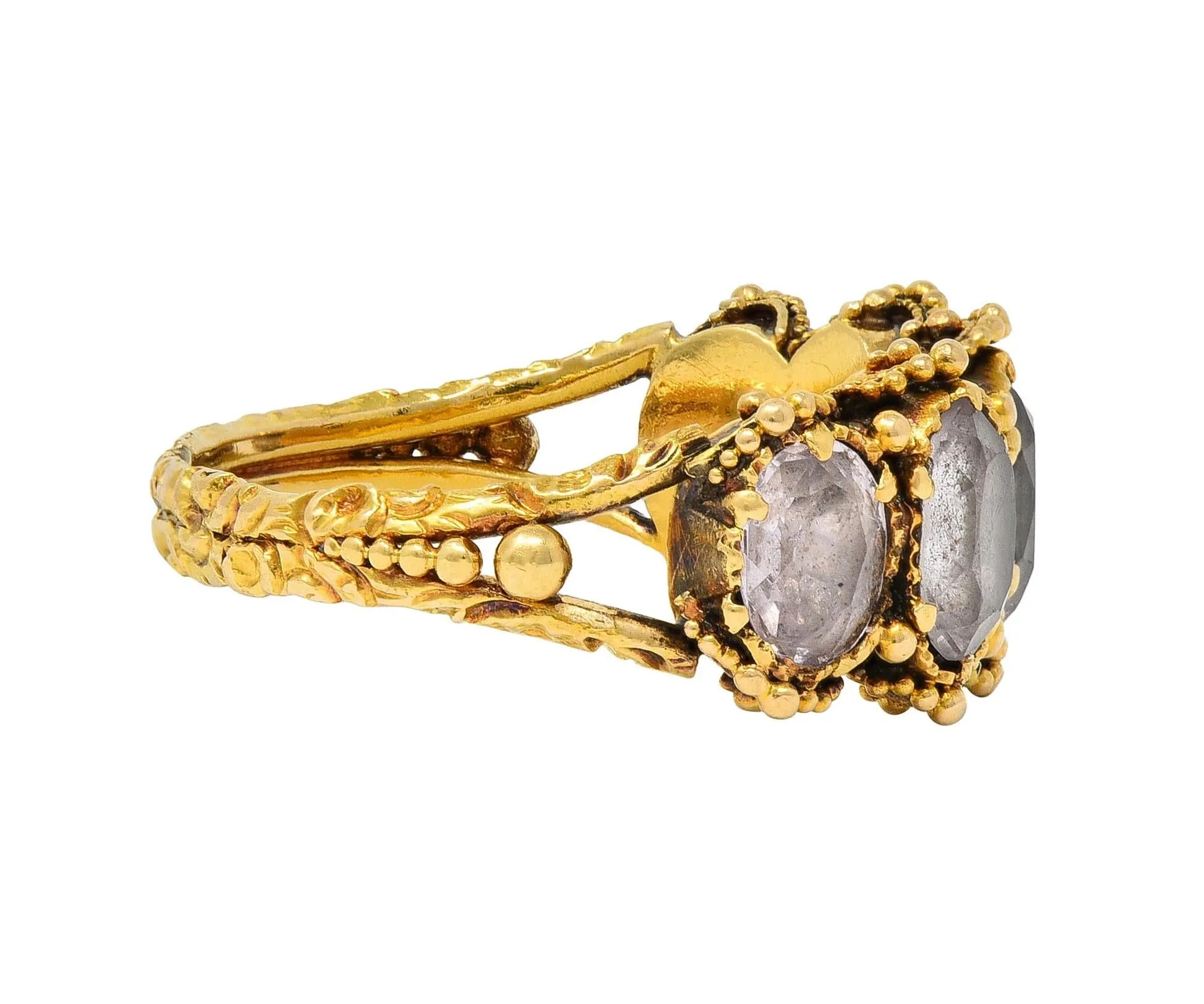 Victorian Etruscan Revival 1.90 CTW White Topaz 18 Karat Yellow Gold Antique Five Stone Band Ring