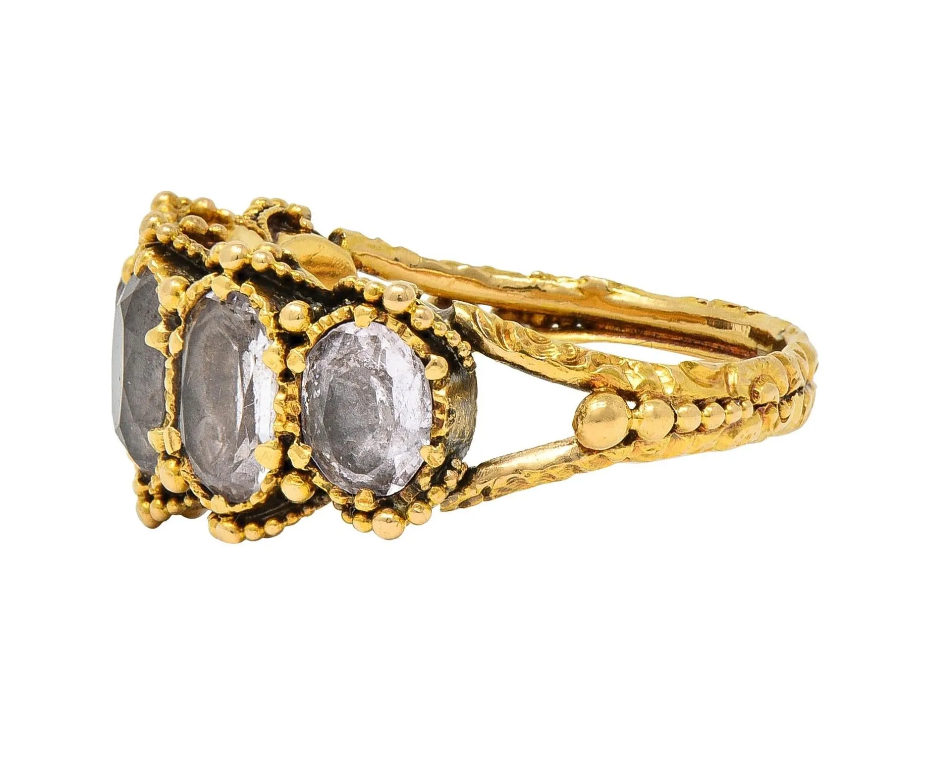 Victorian Etruscan Revival 1.90 CTW White Topaz 18 Karat Yellow Gold Antique Five Stone Band Ring