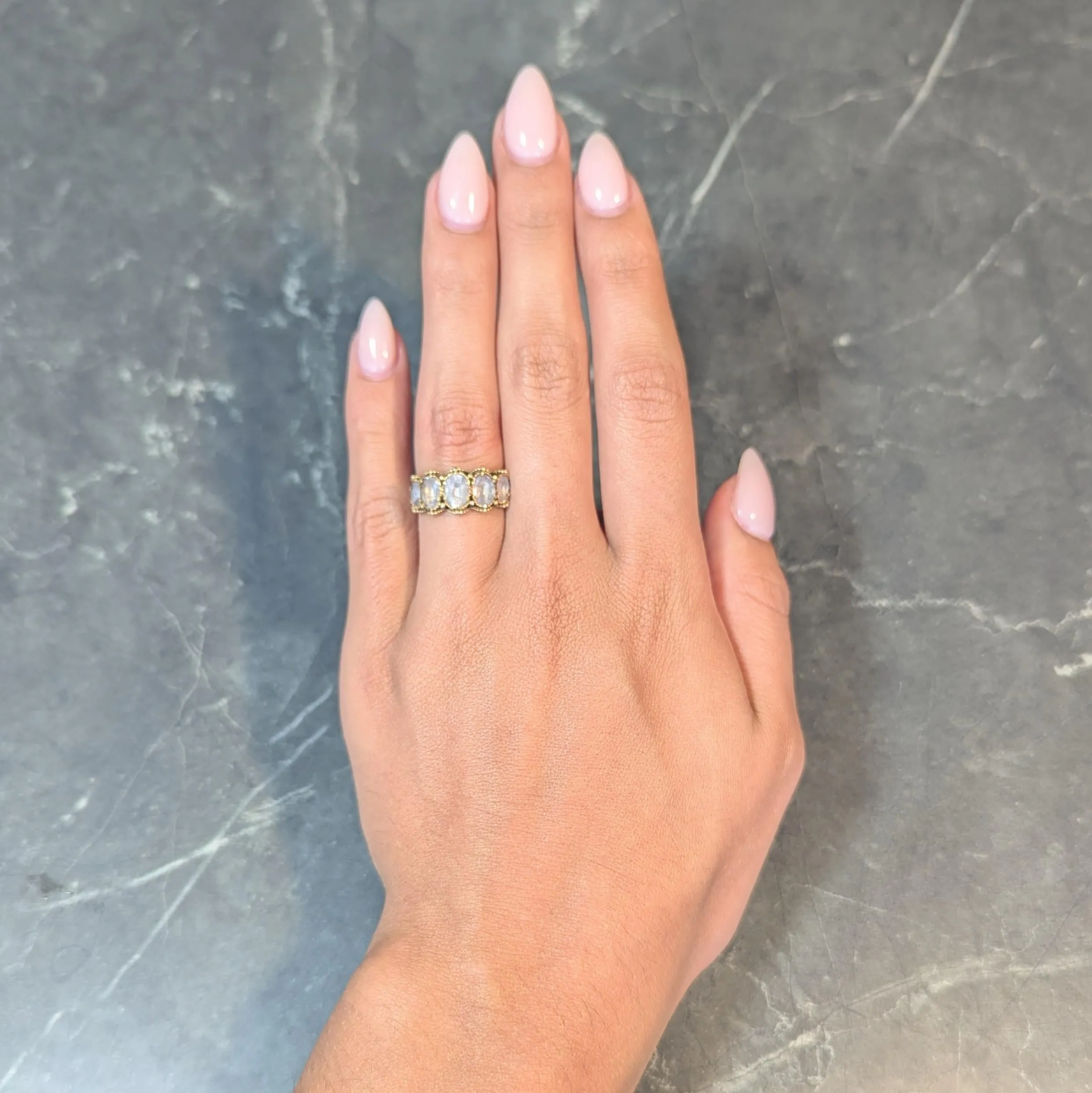 Victorian Etruscan Revival 1.90 CTW White Topaz 18 Karat Yellow Gold Antique Five Stone Band Ring