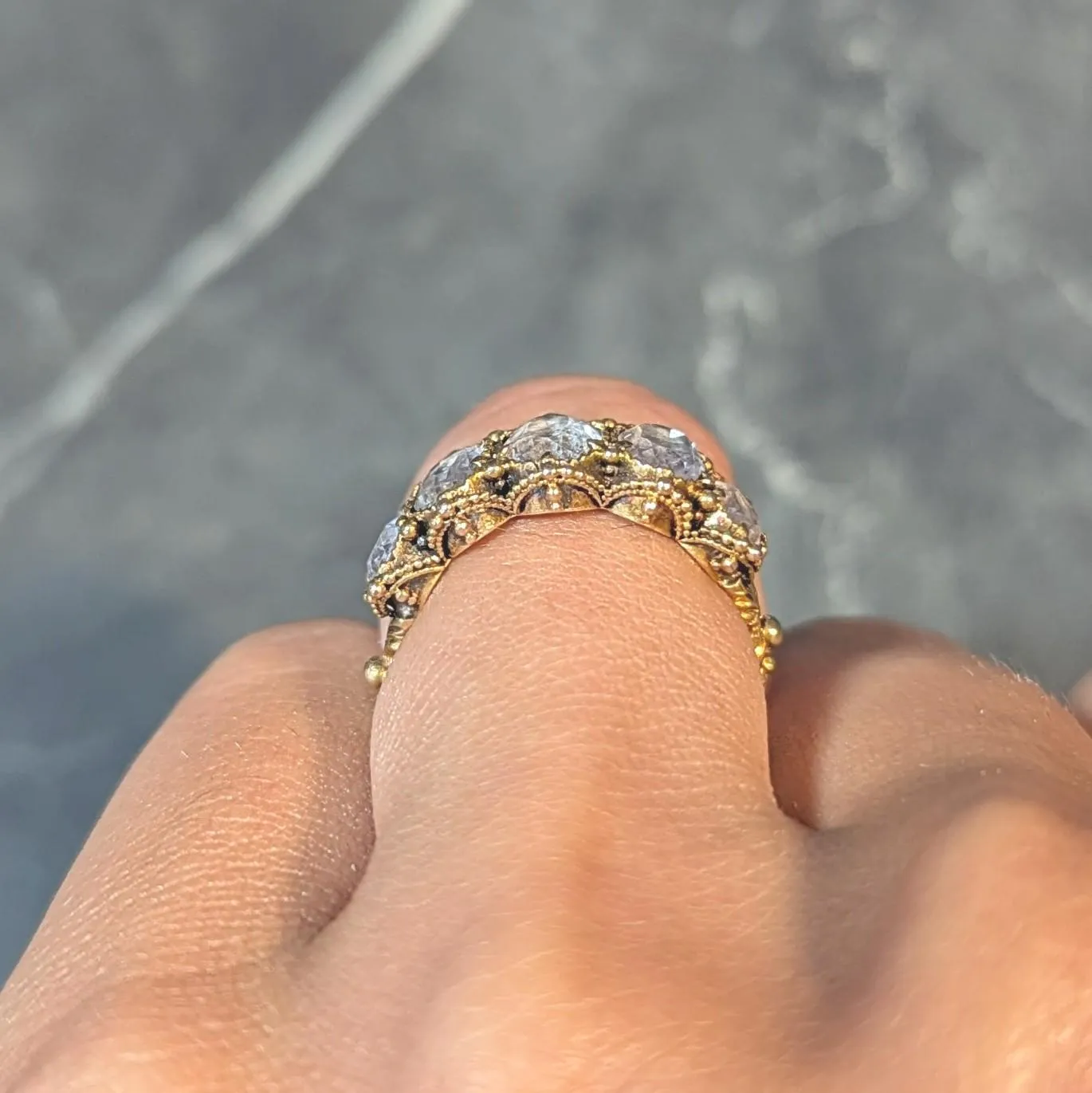Victorian Etruscan Revival 1.90 CTW White Topaz 18 Karat Yellow Gold Antique Five Stone Band Ring