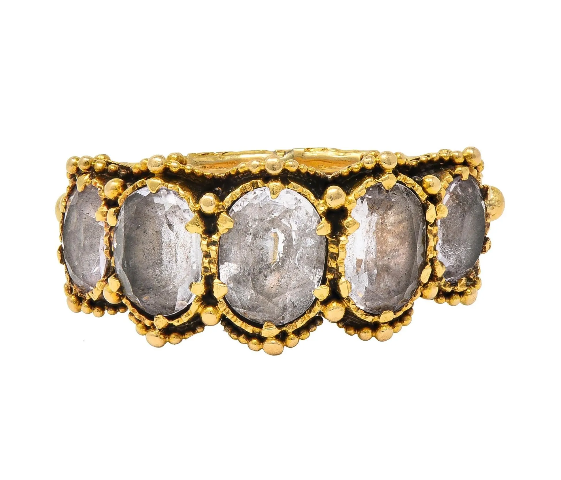 Victorian Etruscan Revival 1.90 CTW White Topaz 18 Karat Yellow Gold Antique Five Stone Band Ring