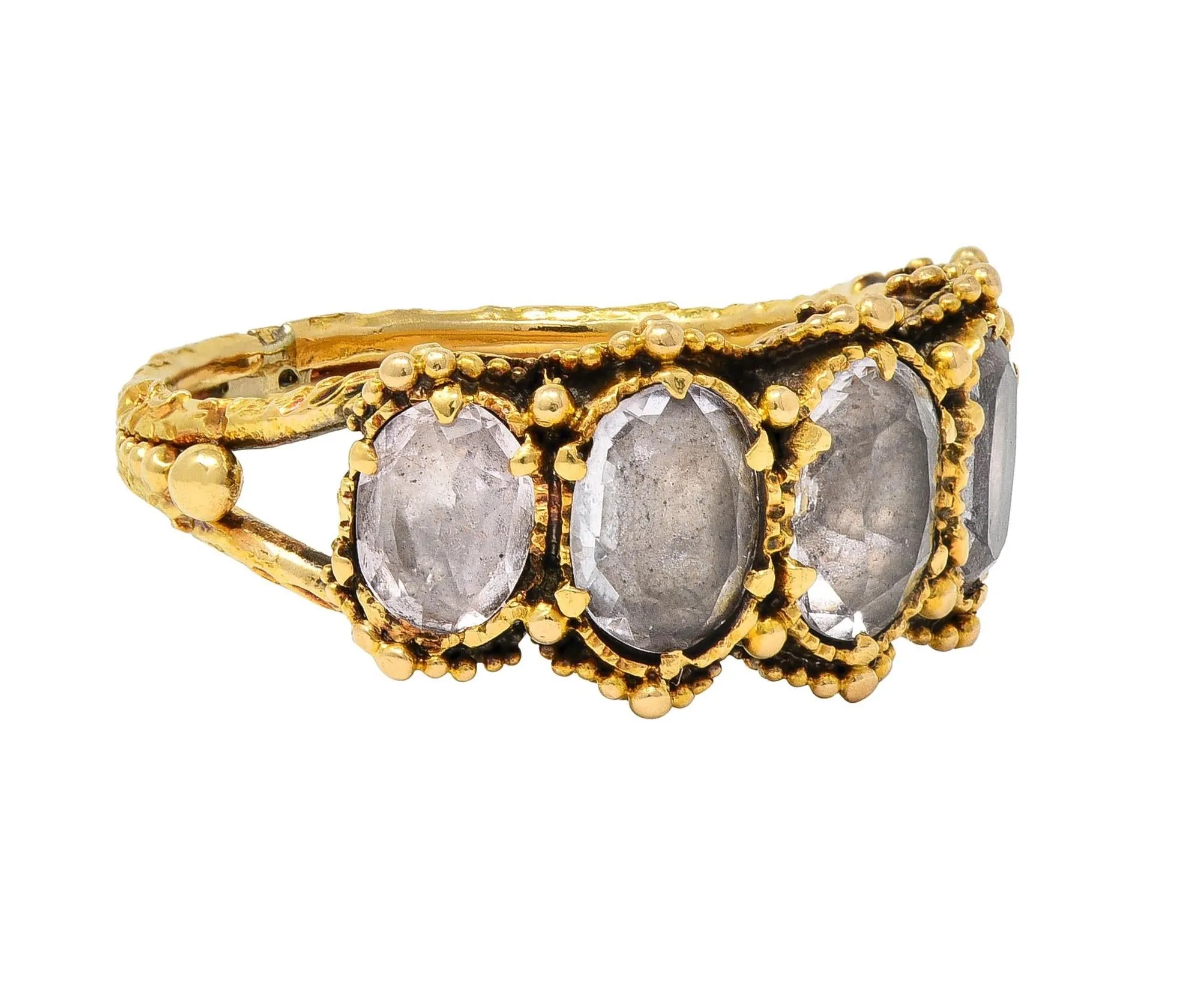 Victorian Etruscan Revival 1.90 CTW White Topaz 18 Karat Yellow Gold Antique Five Stone Band Ring