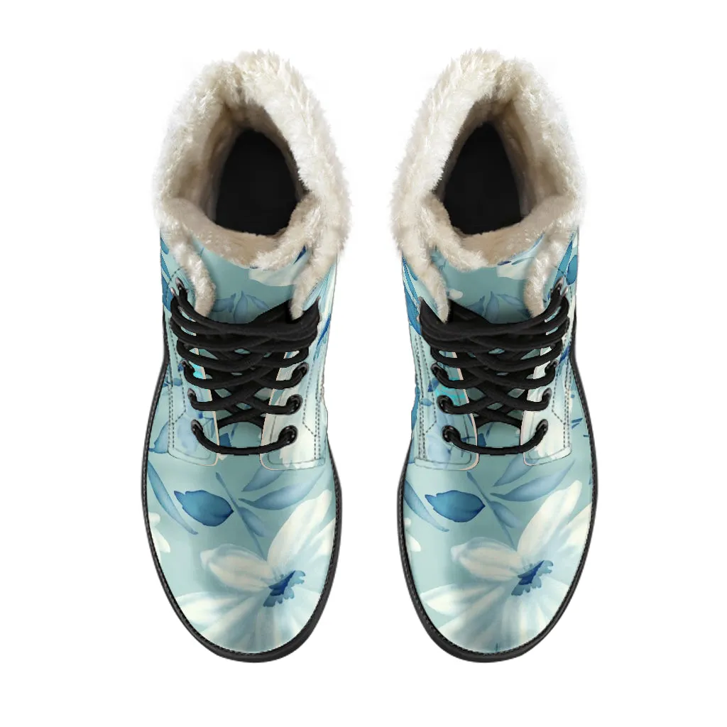 Vintage Blue Floral Faux Fur Eco-Friendly Leather Boots
