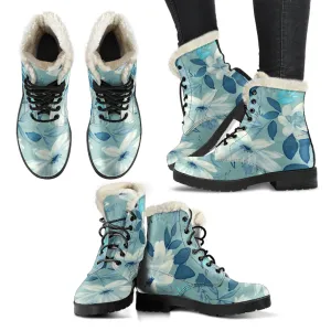 Vintage Blue Floral Faux Fur Eco-Friendly Leather Boots