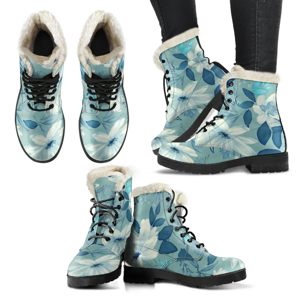 Vintage Blue Floral Faux Fur Eco-Friendly Leather Boots