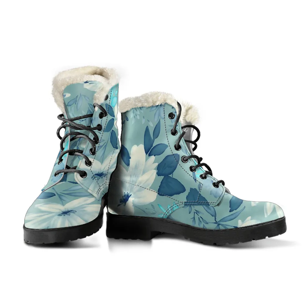 Vintage Blue Floral Faux Fur Eco-Friendly Leather Boots