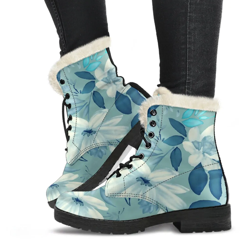 Vintage Blue Floral Faux Fur Eco-Friendly Leather Boots