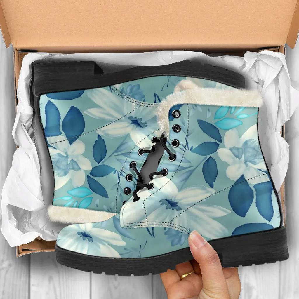 Vintage Blue Floral Faux Fur Eco-Friendly Leather Boots