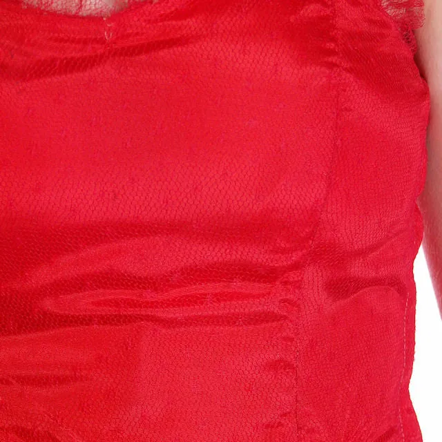 Vintage Dress Red Tulle Strapless Prom Gown w/ Rosettes Size 2-4 1950s