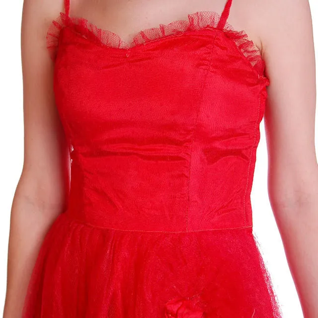 Vintage Dress Red Tulle Strapless Prom Gown w/ Rosettes Size 2-4 1950s