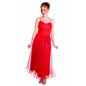 Vintage Dress Red Tulle Strapless Prom Gown w/ Rosettes Size 2-4 1950s