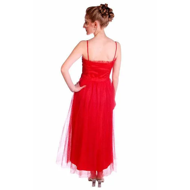 Vintage Dress Red Tulle Strapless Prom Gown w/ Rosettes Size 2-4 1950s