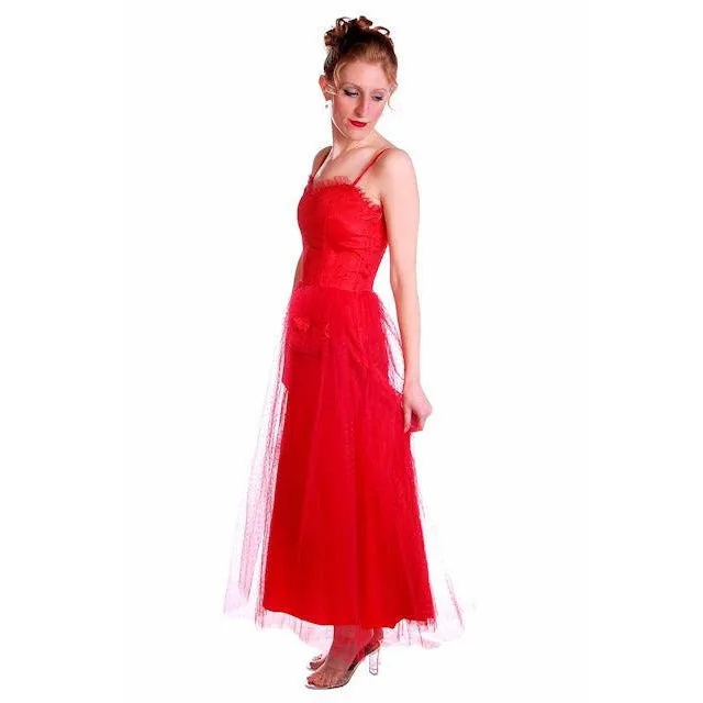 Vintage Dress Red Tulle Strapless Prom Gown w/ Rosettes Size 2-4 1950s