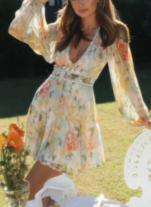 Vintage Floral Print Long Sleeve Hollow Out Bohemian Dress