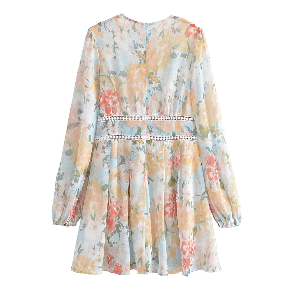 Vintage Floral Print Long Sleeve Hollow Out Bohemian Dress