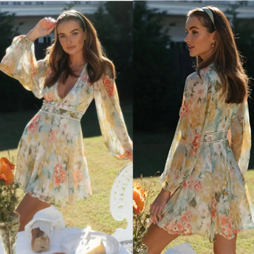 Vintage Floral Print Long Sleeve Hollow Out Bohemian Dress