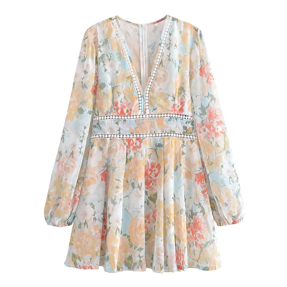 Vintage Floral Print Long Sleeve Hollow Out Bohemian Dress