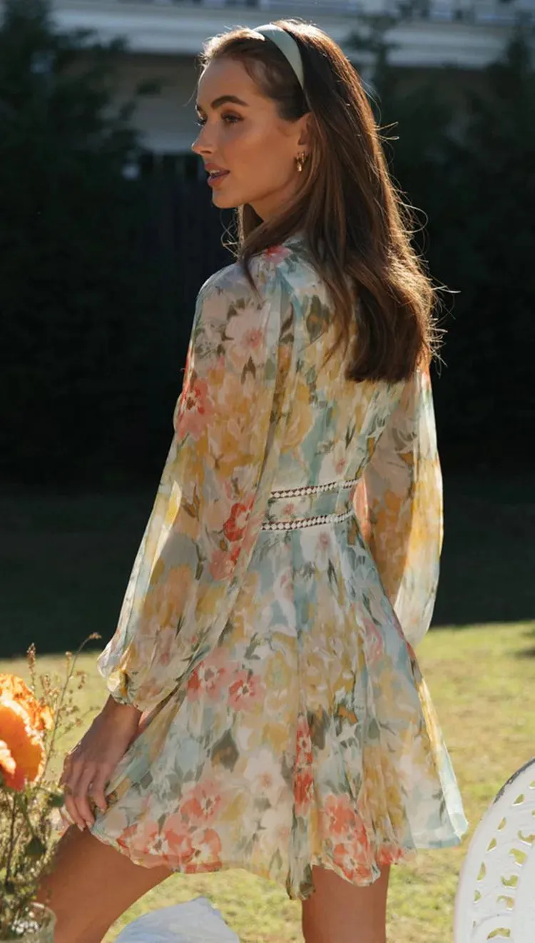 Vintage Floral Print Long Sleeve Hollow Out Bohemian Dress
