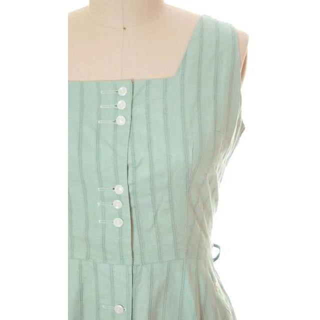 Vintage Ladies Day Dress Pale Green Cotton Cool Button Details 1950s Large