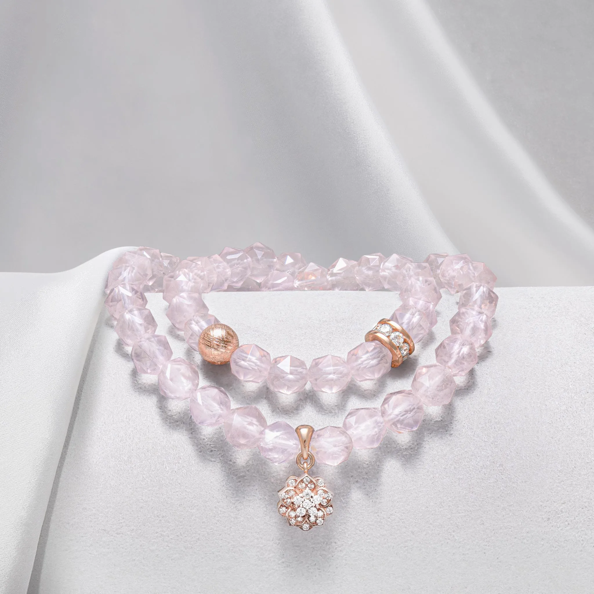 Violet Double Wrap Rose Quartz & Meteorite Bracelet