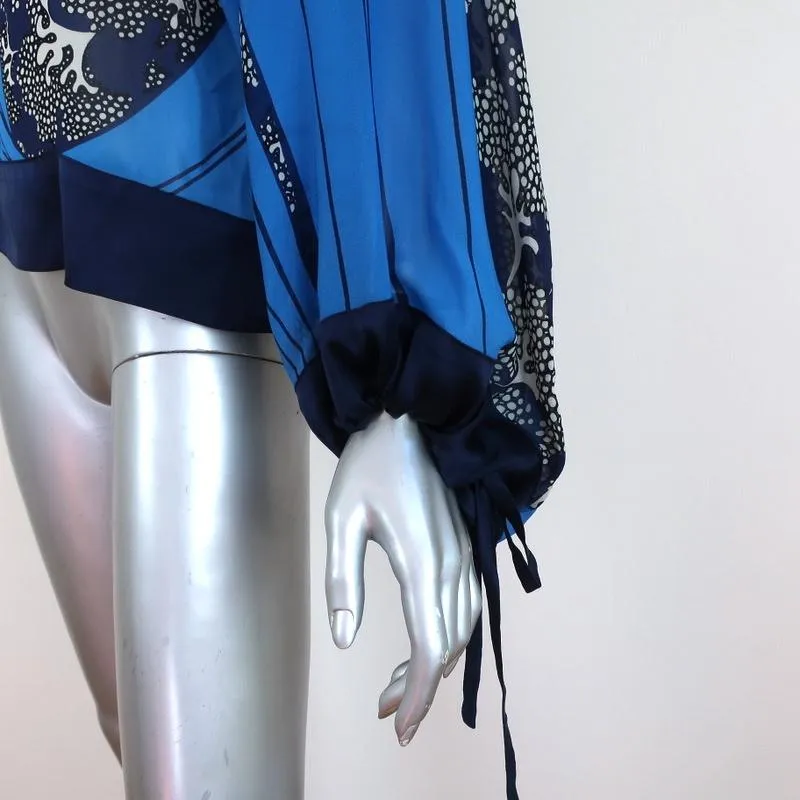 Warm Blouse Blue Printed Chiffon Size Petite/Small Tie-Sleeve Top