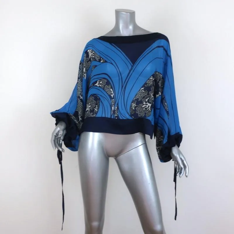 Warm Blouse Blue Printed Chiffon Size Petite/Small Tie-Sleeve Top