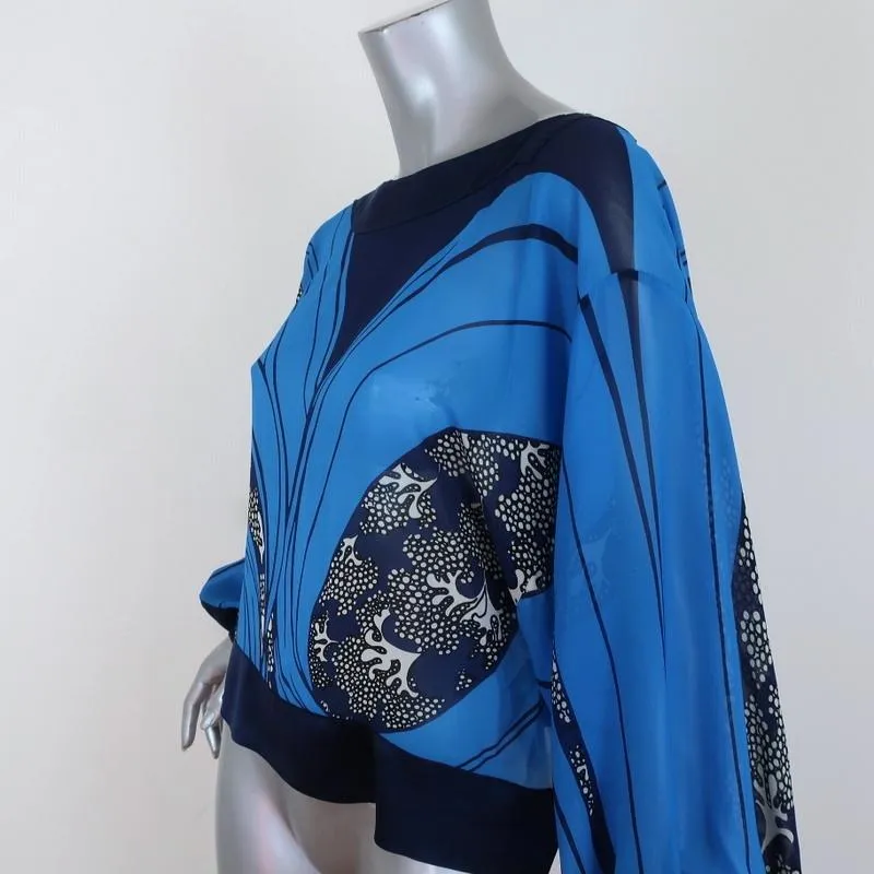 Warm Blouse Blue Printed Chiffon Size Petite/Small Tie-Sleeve Top
