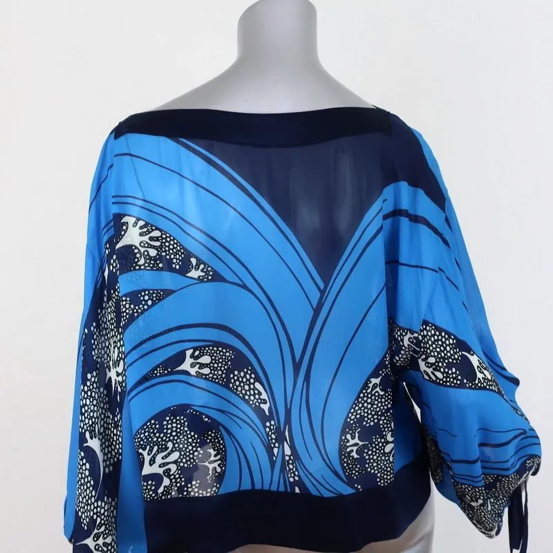Warm Blouse Blue Printed Chiffon Size Petite/Small Tie-Sleeve Top