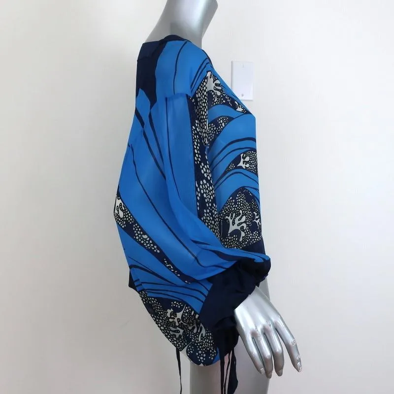 Warm Blouse Blue Printed Chiffon Size Petite/Small Tie-Sleeve Top