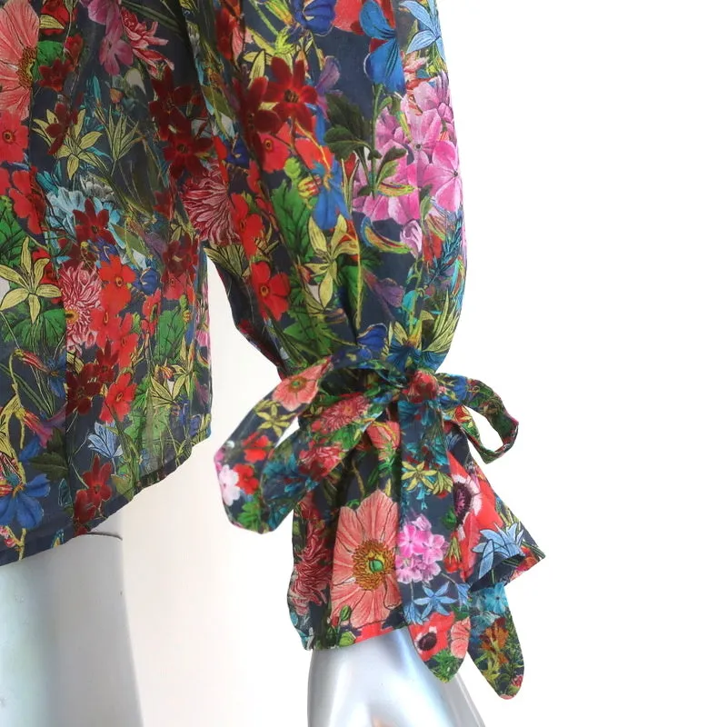 Warm Tie-Sleeve Blouse Floral Print Cotton Size 1 Button Down Top