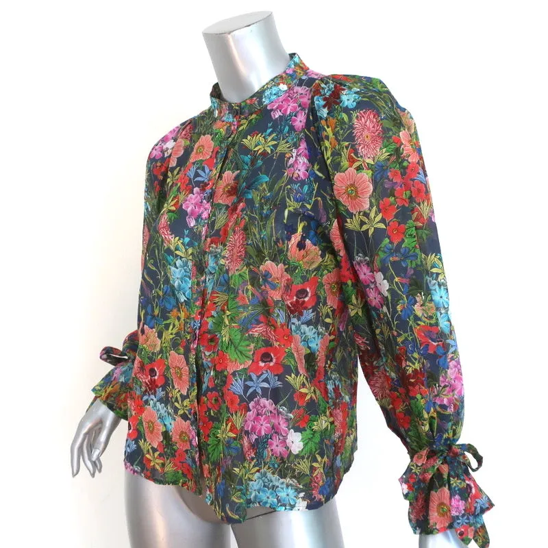 Warm Tie-Sleeve Blouse Floral Print Cotton Size 1 Button Down Top