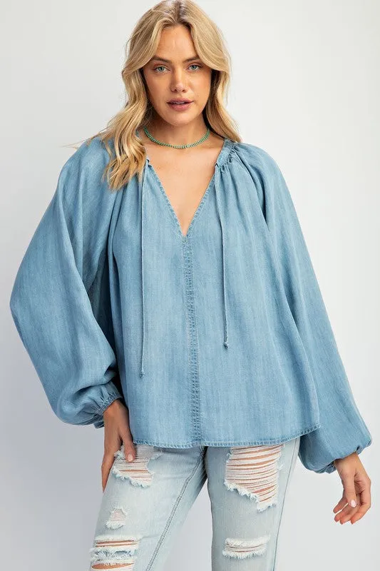 Washed Chambray Flare Woven Tunic