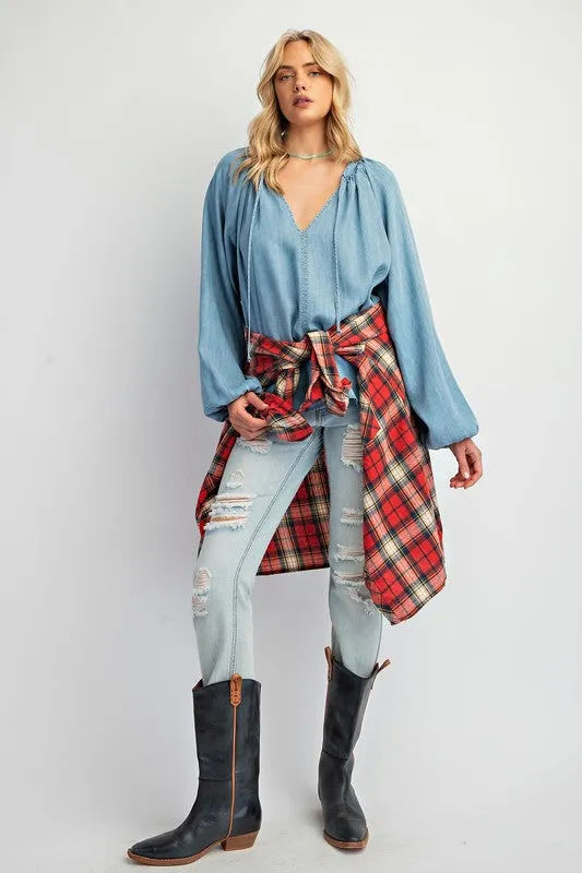 Washed Chambray Flare Woven Tunic