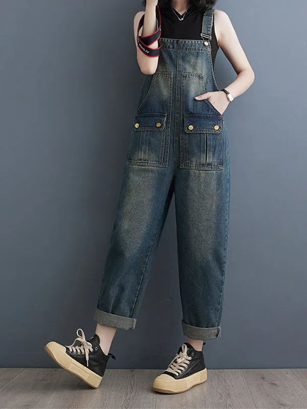 Washed Relaxed Fit Cropped Denim Overalls with Front Button Pockets