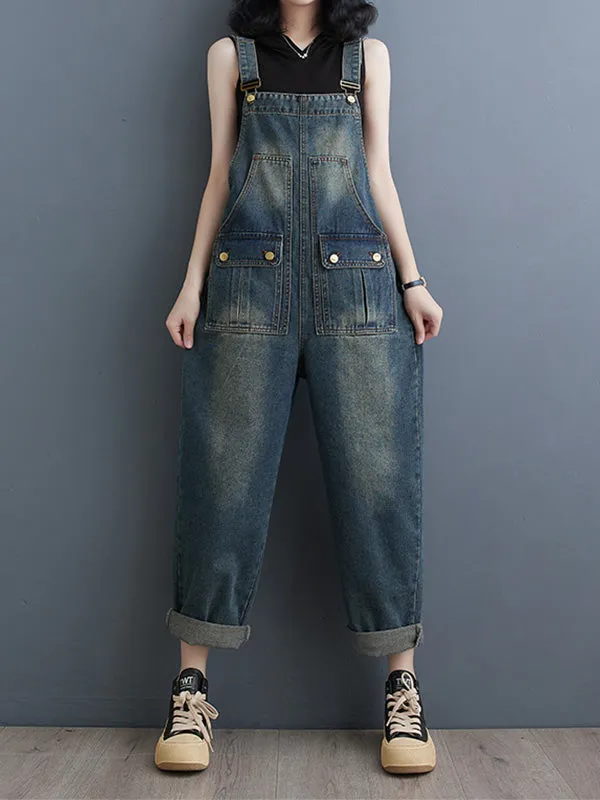 Washed Relaxed Fit Cropped Denim Overalls with Front Button Pockets