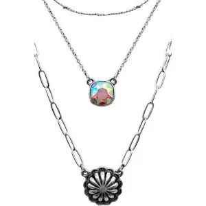 Western Concho Flower Rhinestone Layered Necklace