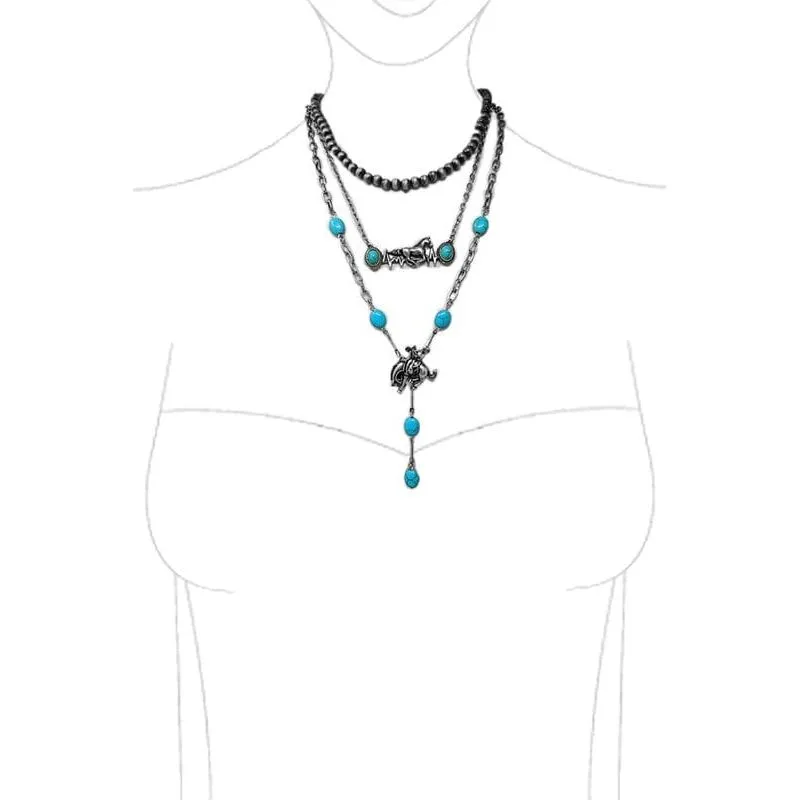 Western Rodeo Horse Tq Navajo Pear Lariat Necklace
